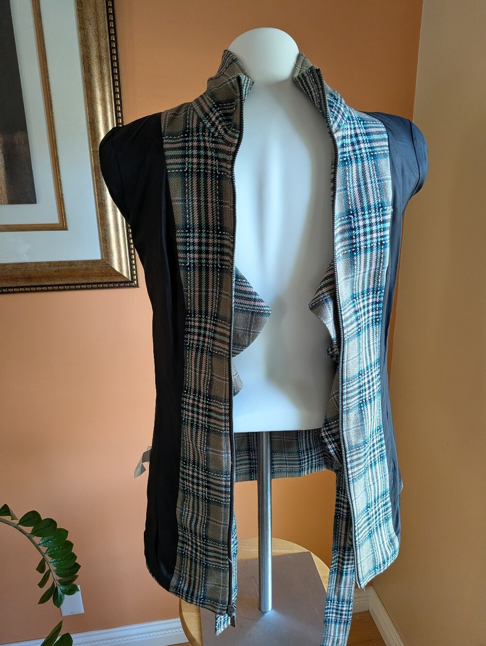 Plaid Ruffle Belted Trench Coat - Blue/Gray - Picture 7 of 11